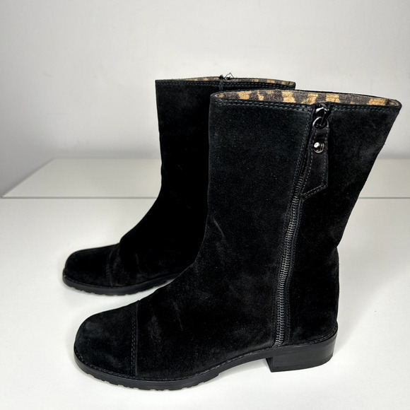 Stuart Weitzman Black Suede Mid-Calf Boots Cheetah Print Round Toe Booties 4 - Picture 5 of 16